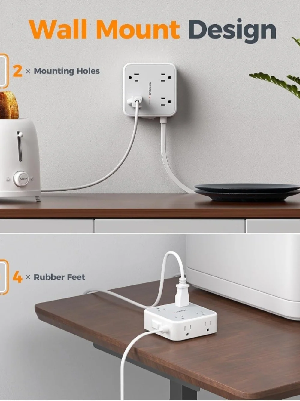 White 6-Outlet Power Strip with 3 USB Ports